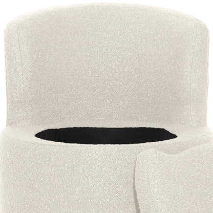 Close-up of Sorra Boucle Swivel Storage Accent Chair in Cream White, showcasing its textured bouclé upholstery and opening for the hidden storage under the removable seat cushion.