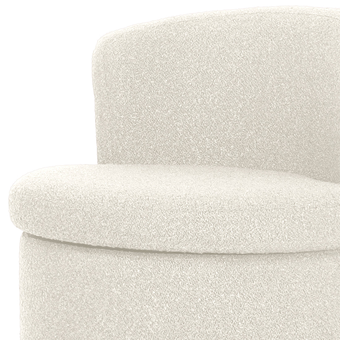 Sorra Boucle Swivel Storage Accent Chair in Cream White features textured bouclé fabric, a curved seat cushion, cylindrical base, and short rounded backrest, highlighting its stylish design and practical hidden storage.
