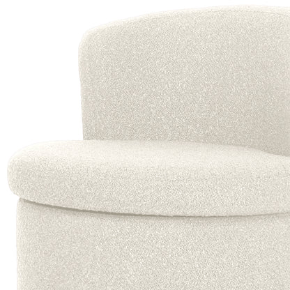Sorra Boucle Swivel Storage Accent Chair in Cream White features textured bouclé fabric, a curved seat cushion, cylindrical base, and short rounded backrest, highlighting its stylish design and practical hidden storage.