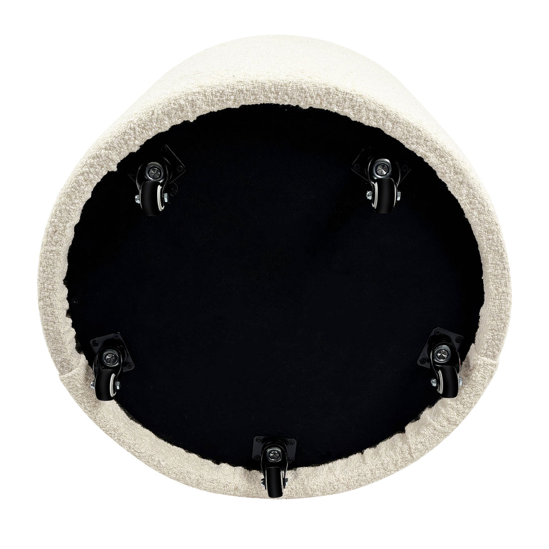 Sorra Boucle Swivel Storage Accent Chair underside with five swivel caster wheels on a black base, upholstered edge in light fabric, designed for easy mobility and hidden storage.