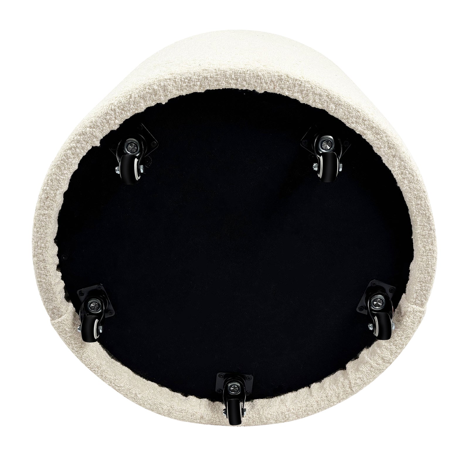 Sorra Boucle Swivel Storage Accent Chair underside with five swivel caster wheels on a black base, upholstered edge in light fabric, designed for easy mobility and hidden storage.