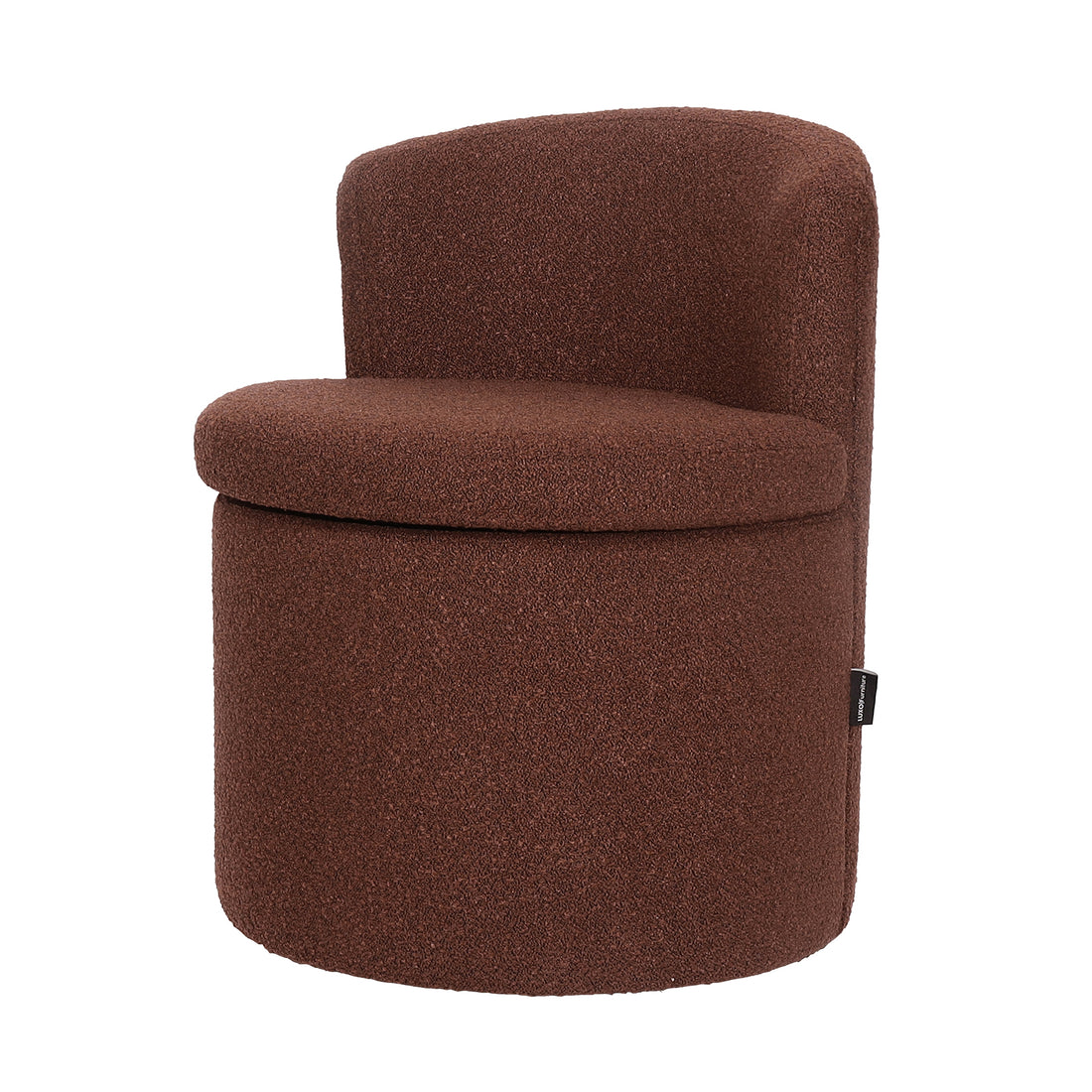 Sorra Boucle Swivel Storage Accent Chair in Rust Brown, featuring a textured round seat, low curved backrest, and hidden storage beneath the removable seat. Includes 360-degree swivel and easy-rolling wheels.