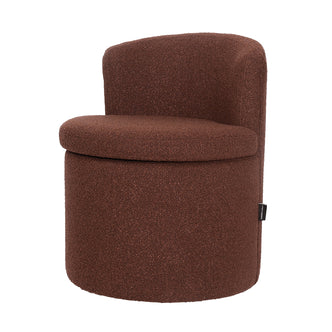 Sorra Boucle Swivel Storage Accent Chair in Rust Brown, featuring a textured round seat, low curved backrest, and hidden storage beneath the removable seat. Includes 360-degree swivel and easy-rolling wheels.