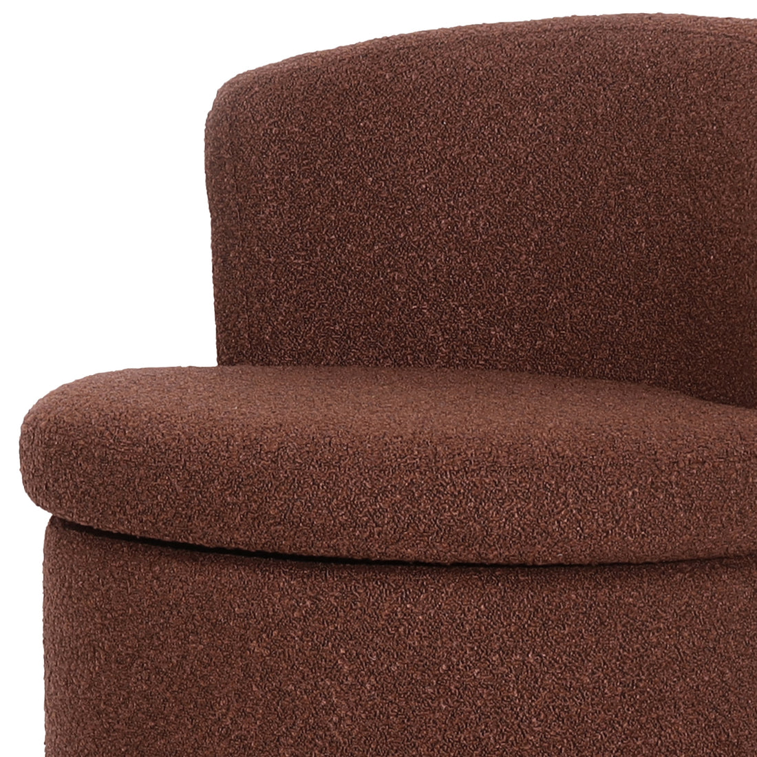 Sorra Boucle Swivel Storage Accent Chair in Rust Brown, showcasing its curved design with loop-textured bouclé fabric and visible hidden storage beneath the removable seat for a stylish, functional touch.
