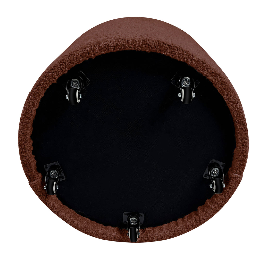 Underside view of the Sorra Boucle Swivel Storage Accent Chair in Rust Brown, showing the black fabric bottom panel with five swivel caster wheels attached to the brown upholstered frame.