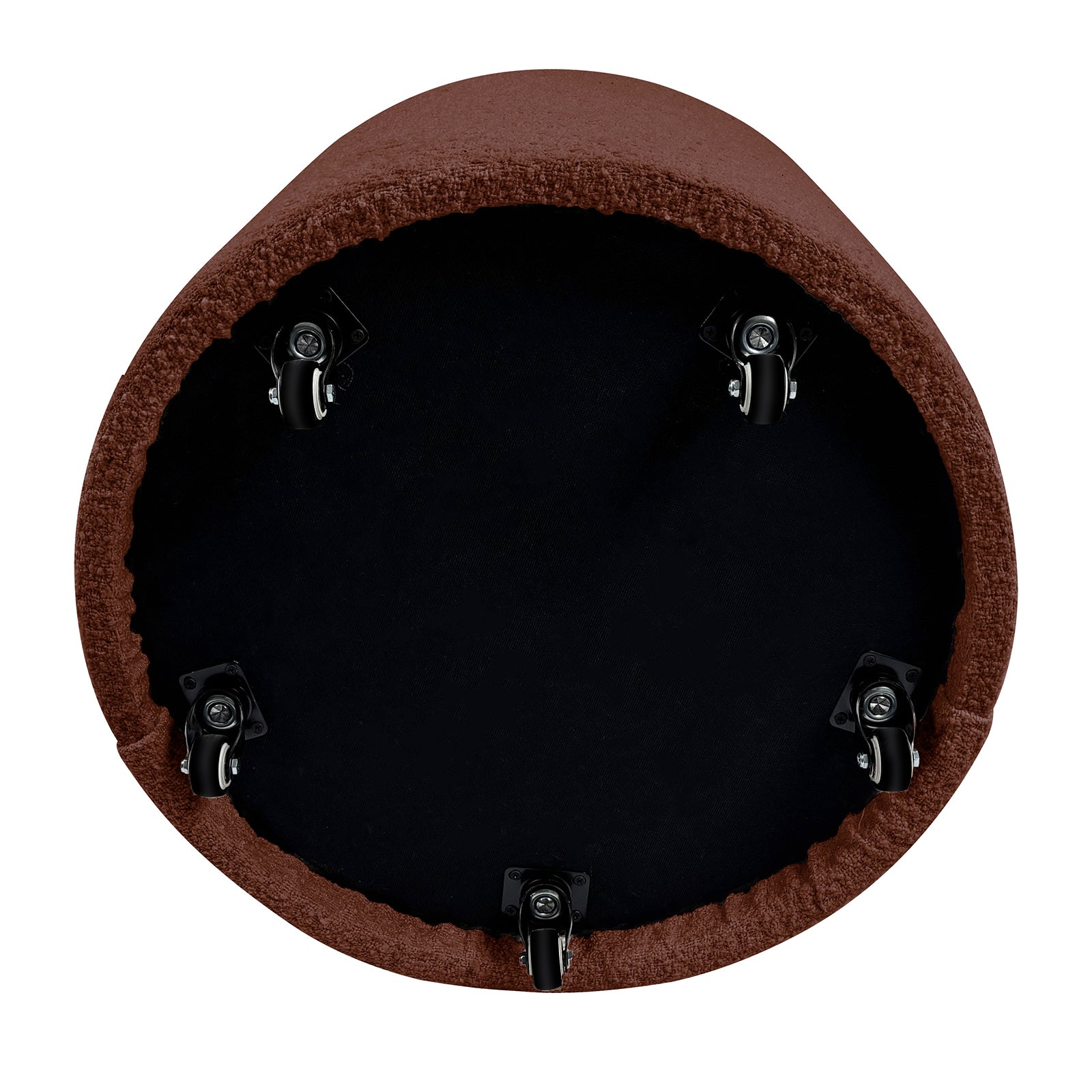 Underside view of the Sorra Boucle Swivel Storage Accent Chair in Rust Brown, showing the black fabric bottom panel with five swivel caster wheels attached to the brown upholstered frame.