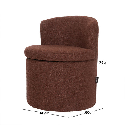 Sorra Boucle Swivel Storage Accent Chair in Rust Brown, featuring a round, upholstered design with a low curved backrest, removable seat cushion, and hidden storage on a cylindrical base.