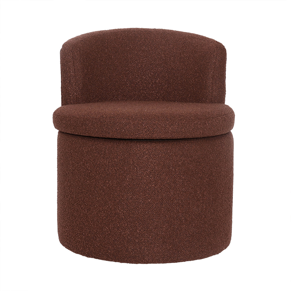 Sorra Boucle Swivel Storage Accent Chair in Rust Brown, featuring a round, upholstered design with textured bouclé fabric, low curved back, and hidden storage under the removable seat.