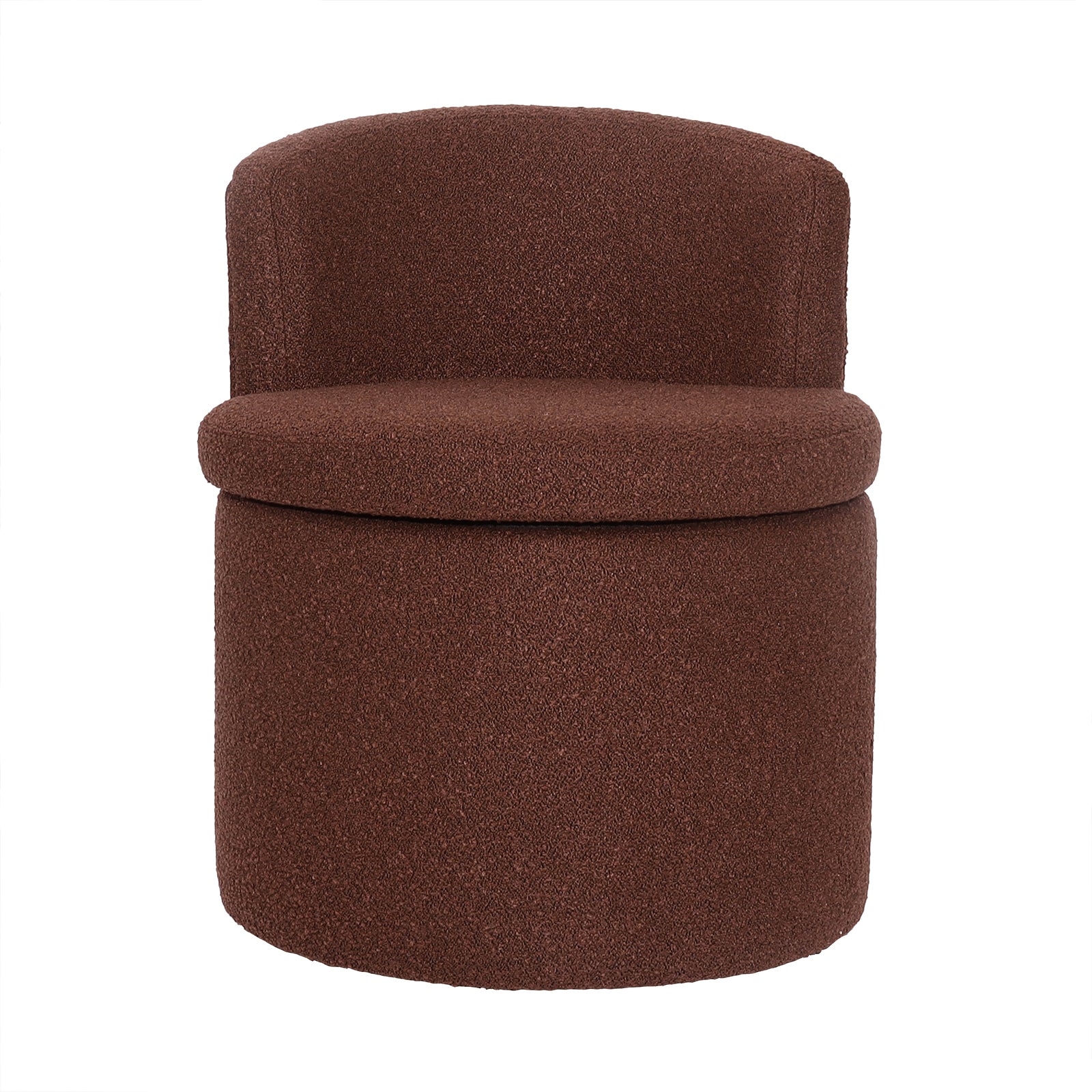 Sorra Boucle Swivel Storage Accent Chair in Rust Brown, featuring a round, upholstered design with textured bouclé fabric, low curved back, and hidden storage under the removable seat.