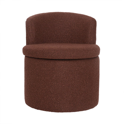 Sorra Boucle Swivel Storage Accent Chair in Rust Brown, featuring a round, upholstered design with textured bouclé fabric, low curved back, and hidden storage under the removable seat.
