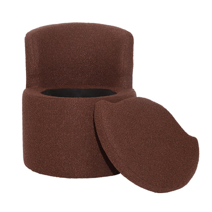 Sorra Boucle Swivel Storage Accent Chair in Rust Brown, featuring plush bouclé upholstery, a hidden storage compartment beneath the seat, and five wheels for smooth 360-degree swivel motion.