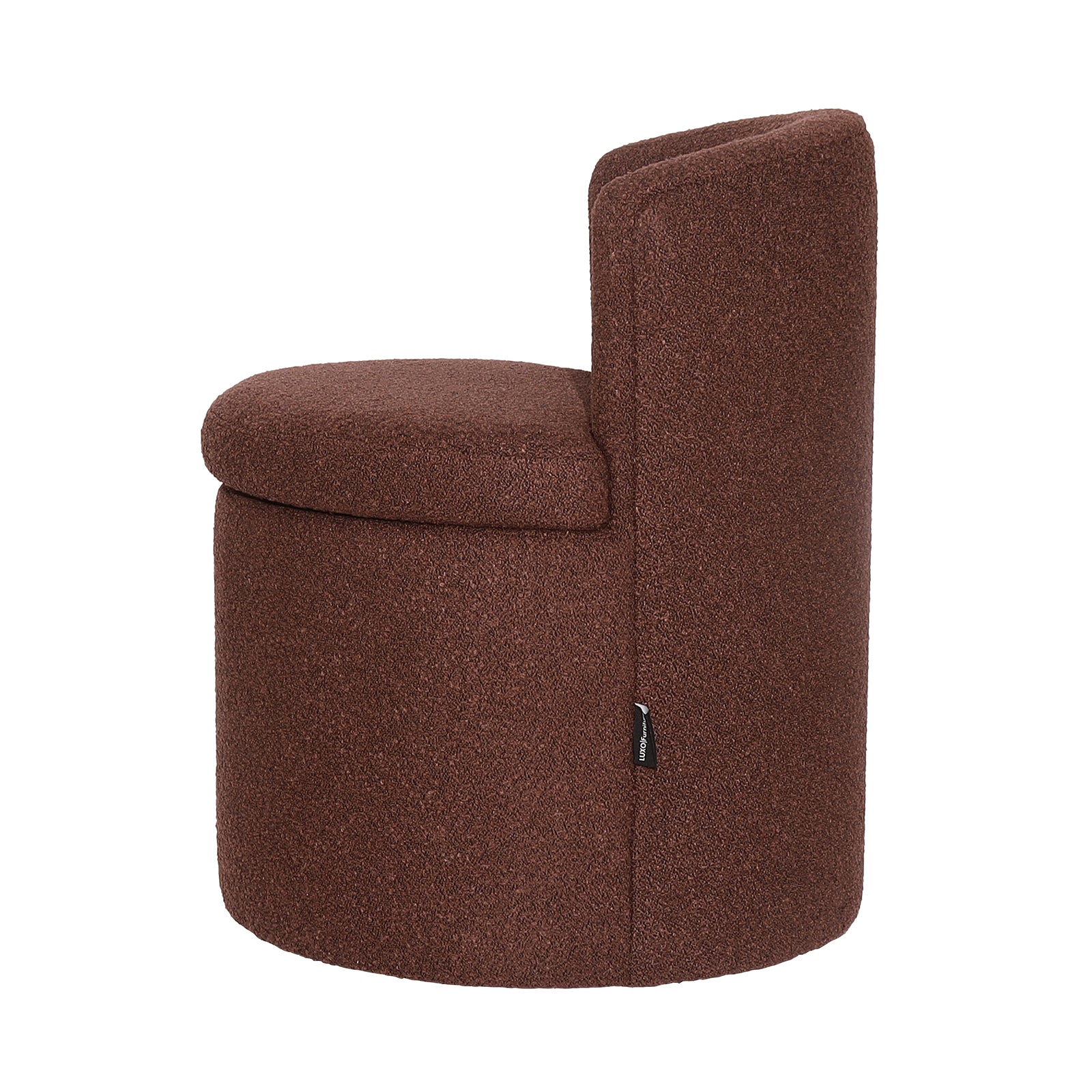 Sorra Boucle Swivel Storage Accent Chair in Rust Brown, featuring a cushioned, round seat with textured bouclé fabric, cylindrical base, short backrest, and hidden storage compartment under the removable seat cover.