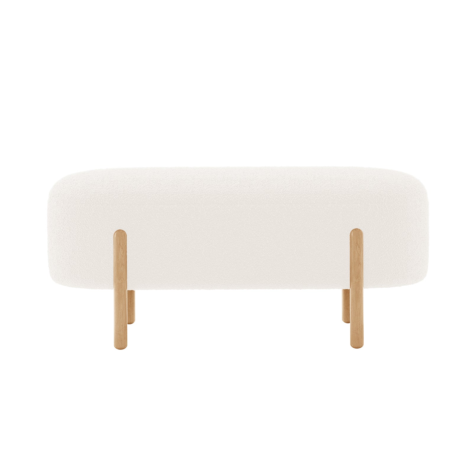 Suellen 108cm Boucle Fabric Ottoman Bench - Cream White, featuring a sleek white surface with wooden legs, offering a chic, mid-century design ideal for elegant and functional home seating.