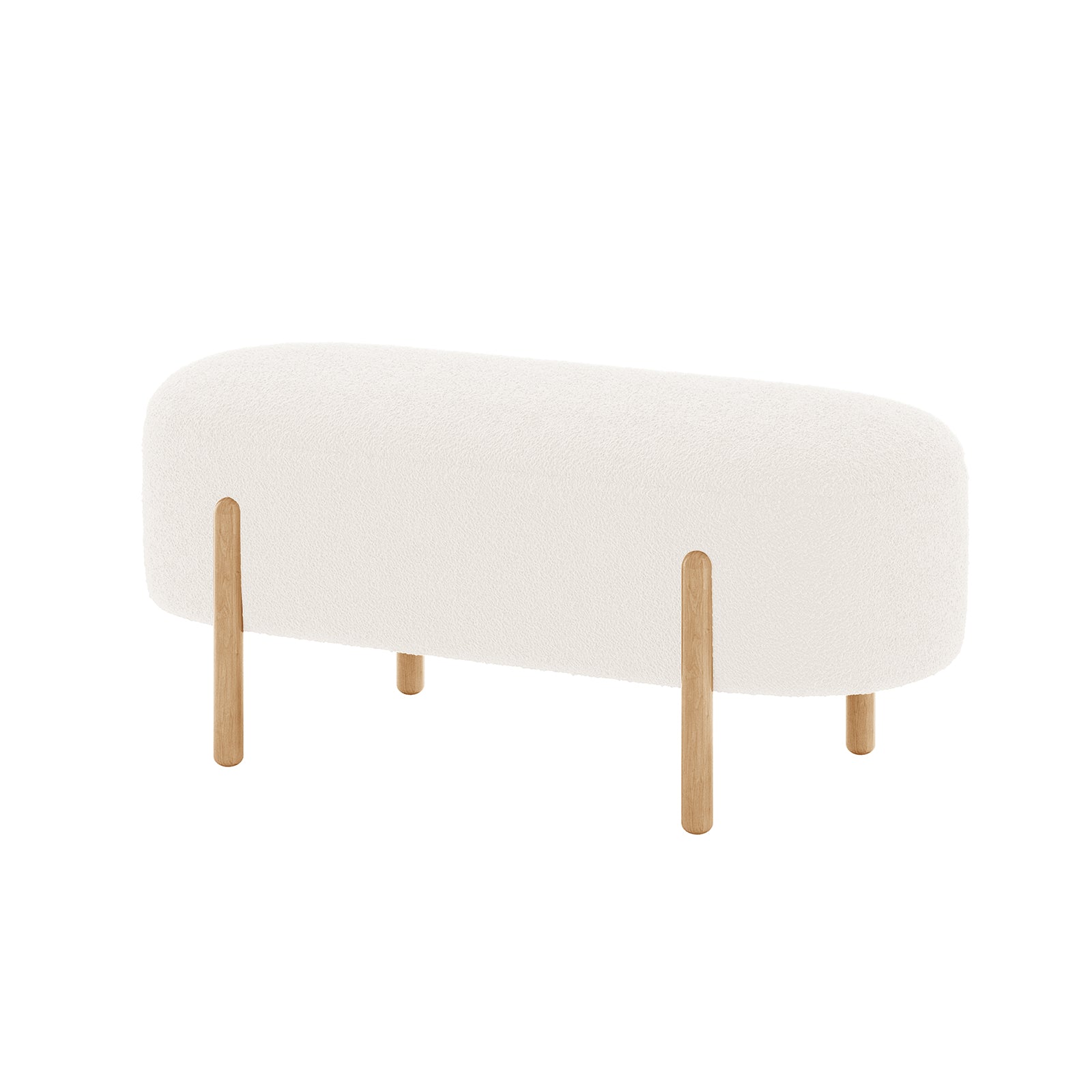 Suellen 108cm Boucle Fabric Ottoman Bench with wooden legs, showcasing a plush cream white boucle fabric, offering a blend of style and functionality, ideal for enhancing living spaces.
