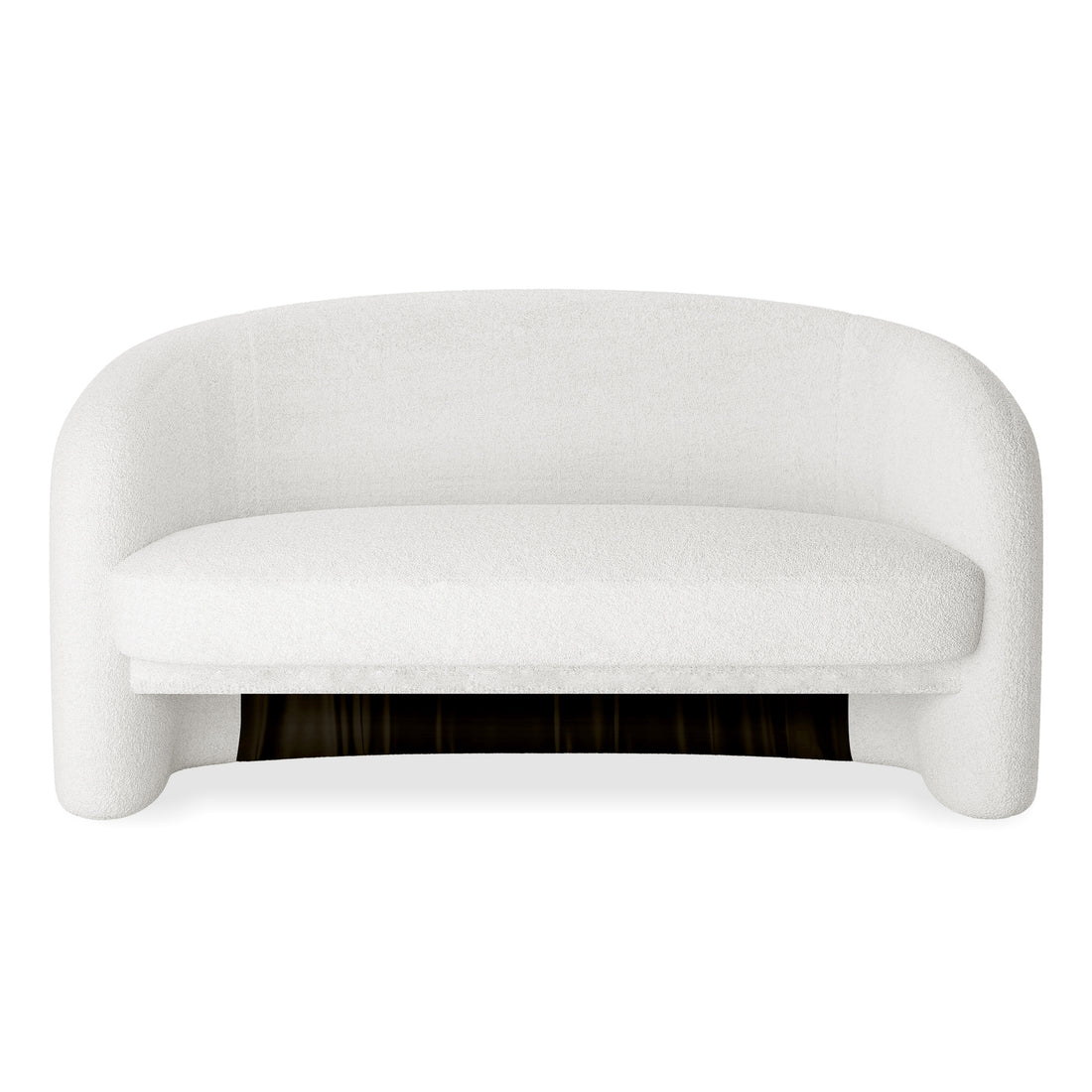 Tasha Boucle 2 Seater Sofa Cream White with black legs, featuring a sleek curved back design and boucle upholstering, offering a luxurious and modern aesthetic for elegant living spaces.