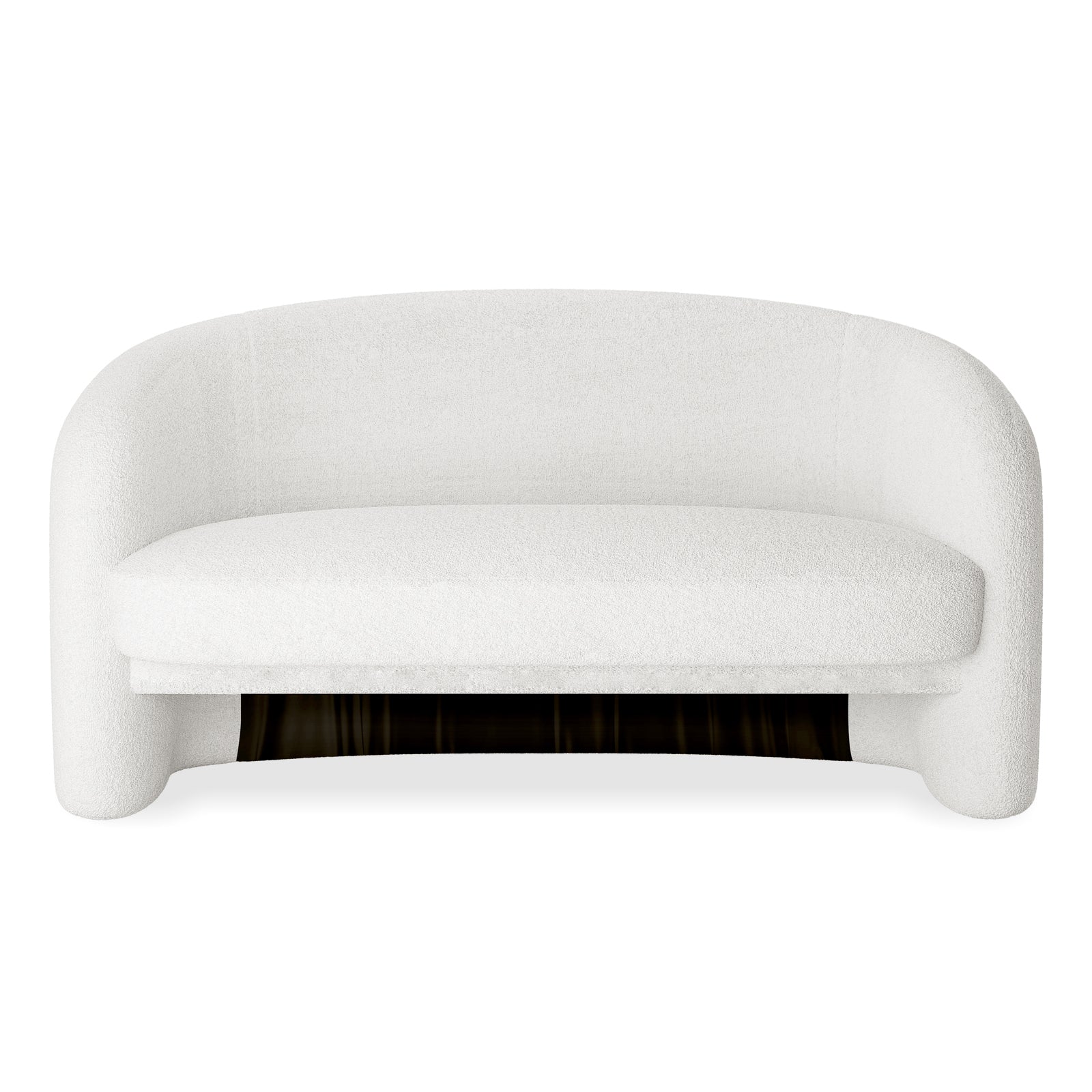 Tasha Boucle 2 Seater Sofa Cream White with black legs, featuring a sleek curved back design and boucle upholstering, offering a luxurious and modern aesthetic for elegant living spaces.