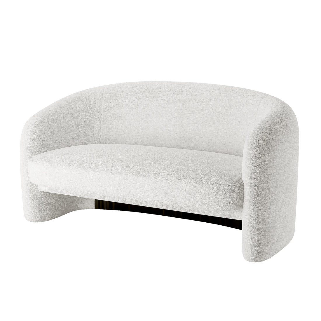 Tasha Boucle 2 Seater Sofa Cream White with sleek, curved arms, boucle upholstery, and black legs, offering a luxurious design with a solid wood frame and curved back.