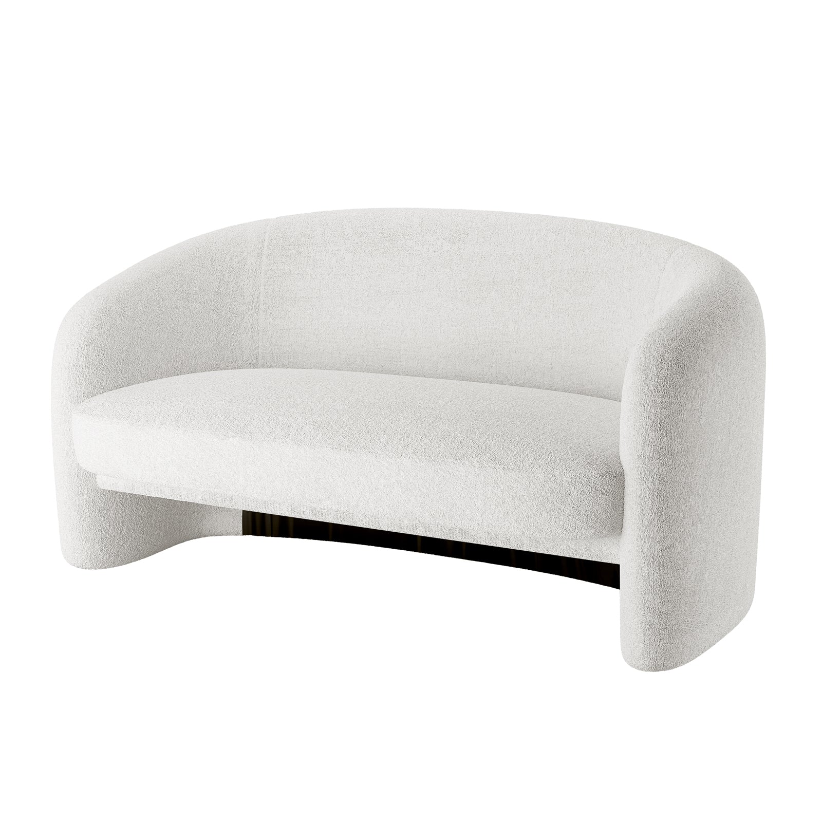 Tasha Boucle 2 Seater Sofa Cream White with sleek, curved arms, boucle upholstery, and black legs, offering a luxurious design with a solid wood frame and curved back.