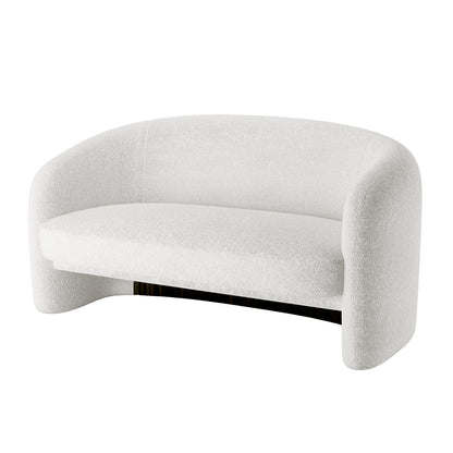 Tasha Boucle 2 Seater Sofa Cream White with sleek, curved arms, boucle upholstery, and black legs, offering a luxurious design with a solid wood frame and curved back.