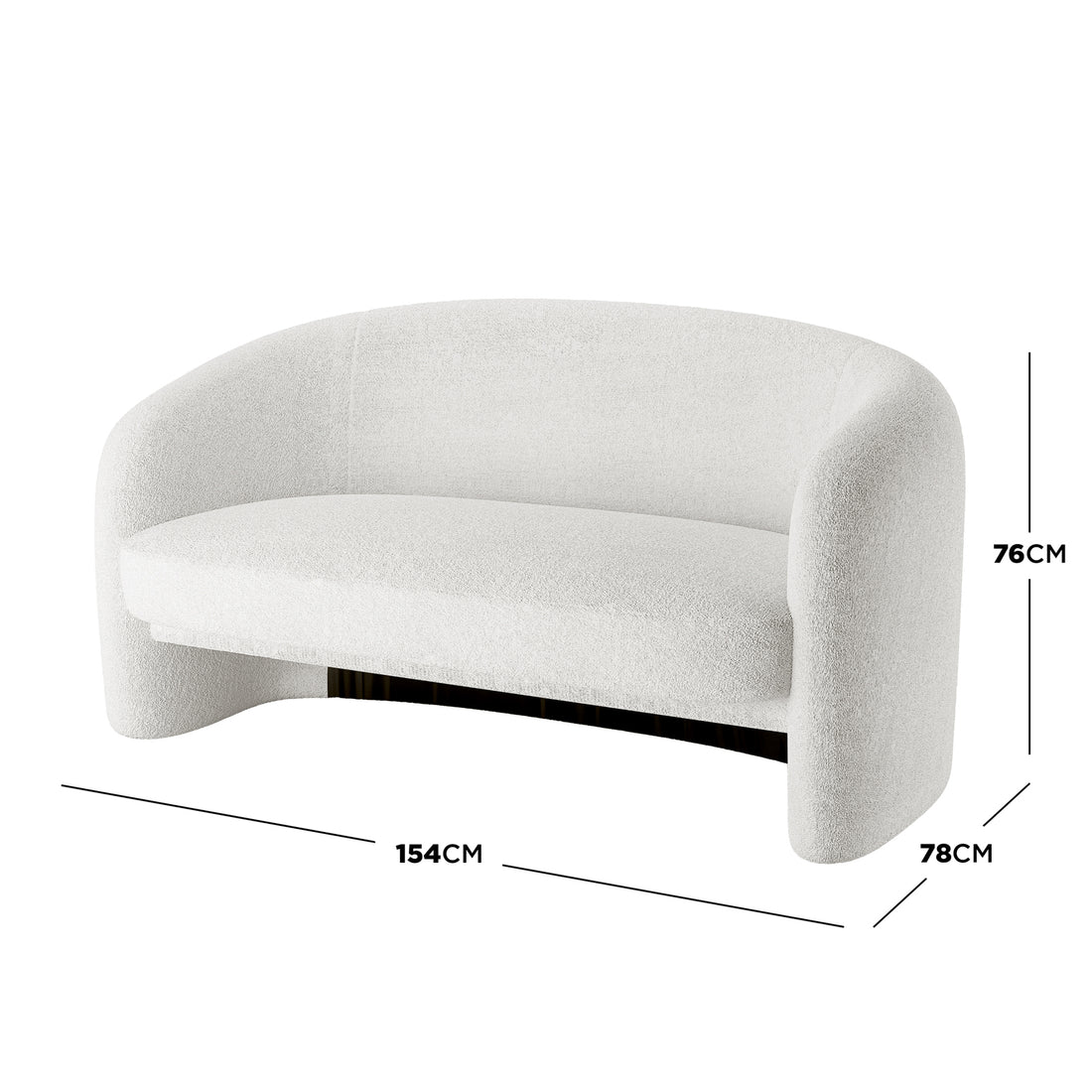 Tasha Boucle 2 Seater Sofa Cream White with curvy arms, black base, and boucle texture, showcasing its luxurious design and dimensions against a plain background.