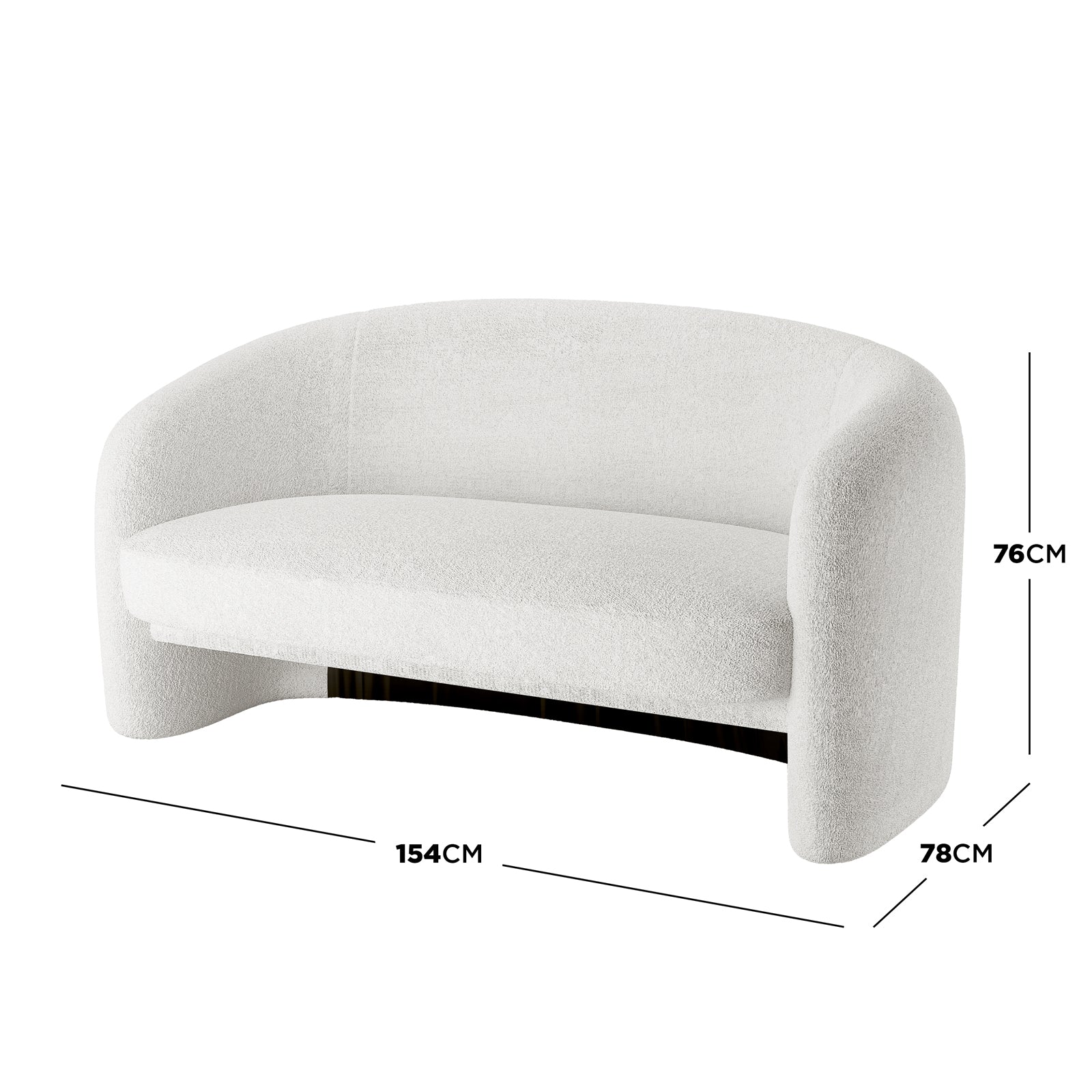 Tasha Boucle 2 Seater Sofa Cream White with curvy arms, black base, and boucle texture, showcasing its luxurious design and dimensions against a plain background.