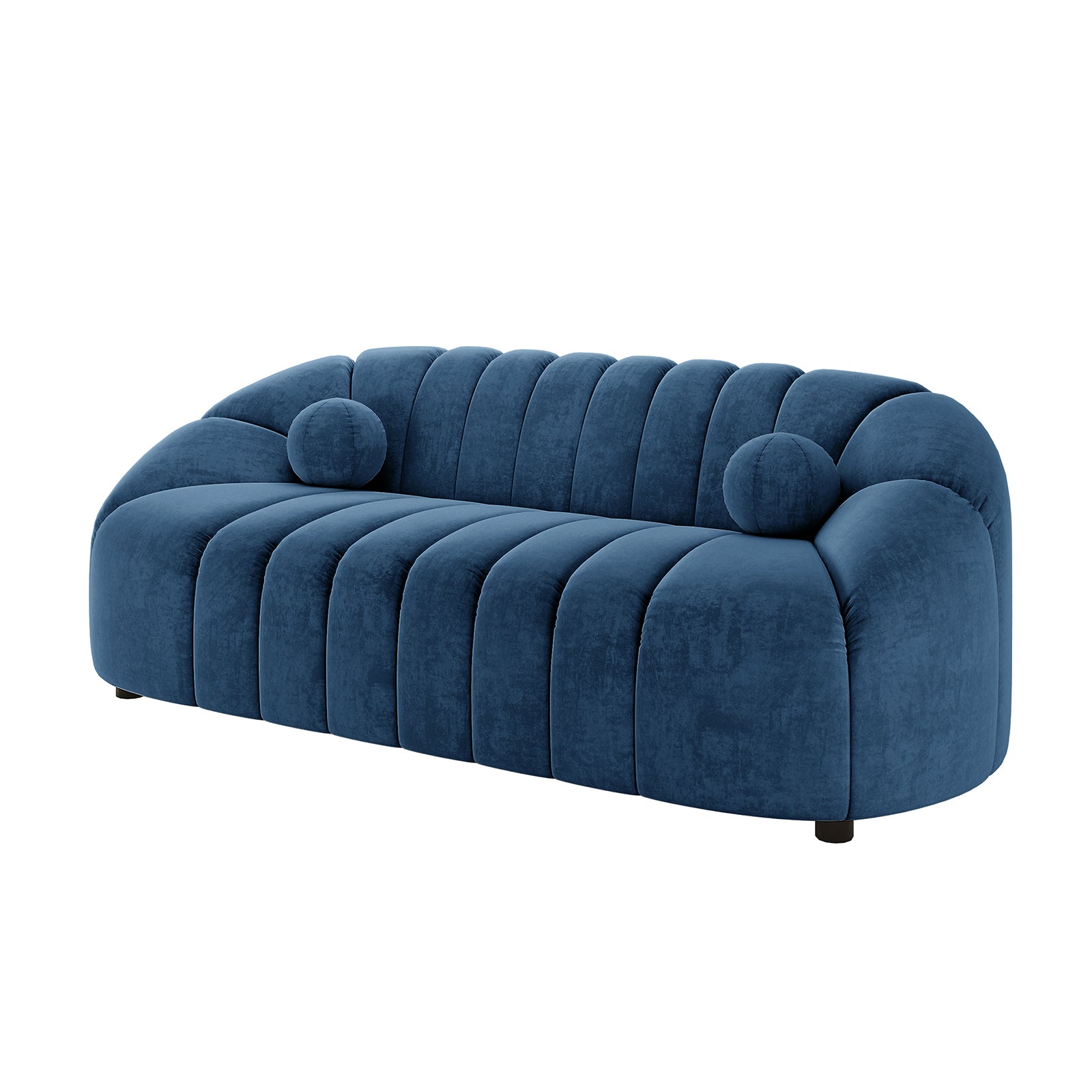 Trina 3 Seater Tufted Velvet Sofa in Blue features deep blue channel tufting, rounded corners, and includes two matching cylindrical bolster pillows, offering a modern, elegant design with plush velvet upholstery.