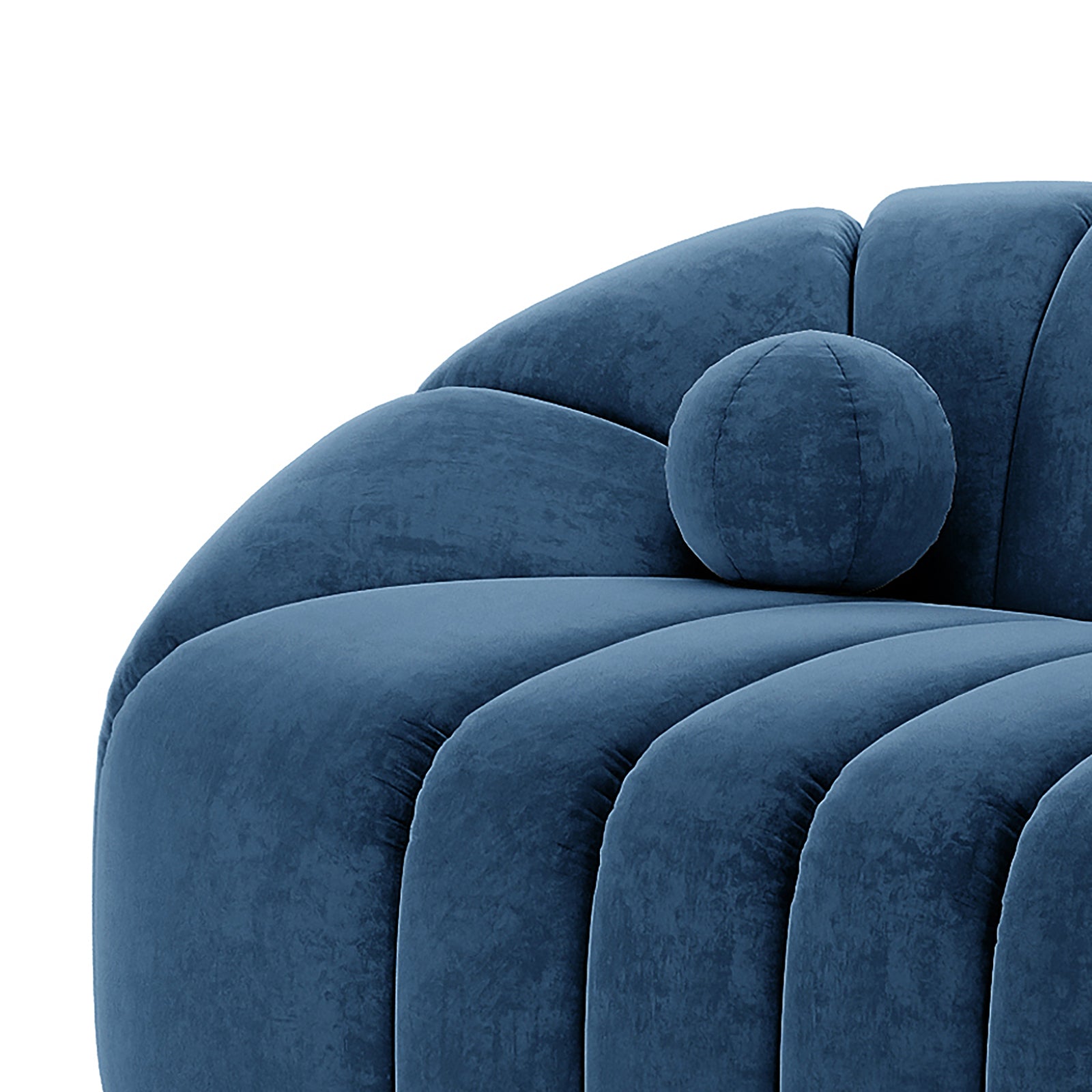 Trina 3 Seater Tufted Velvet Sofa in Blue, featuring luxurious velvet upholstery with vertical channel tufting, curved silhouette, and a matching round bolster pillow for added elegance and comfort.