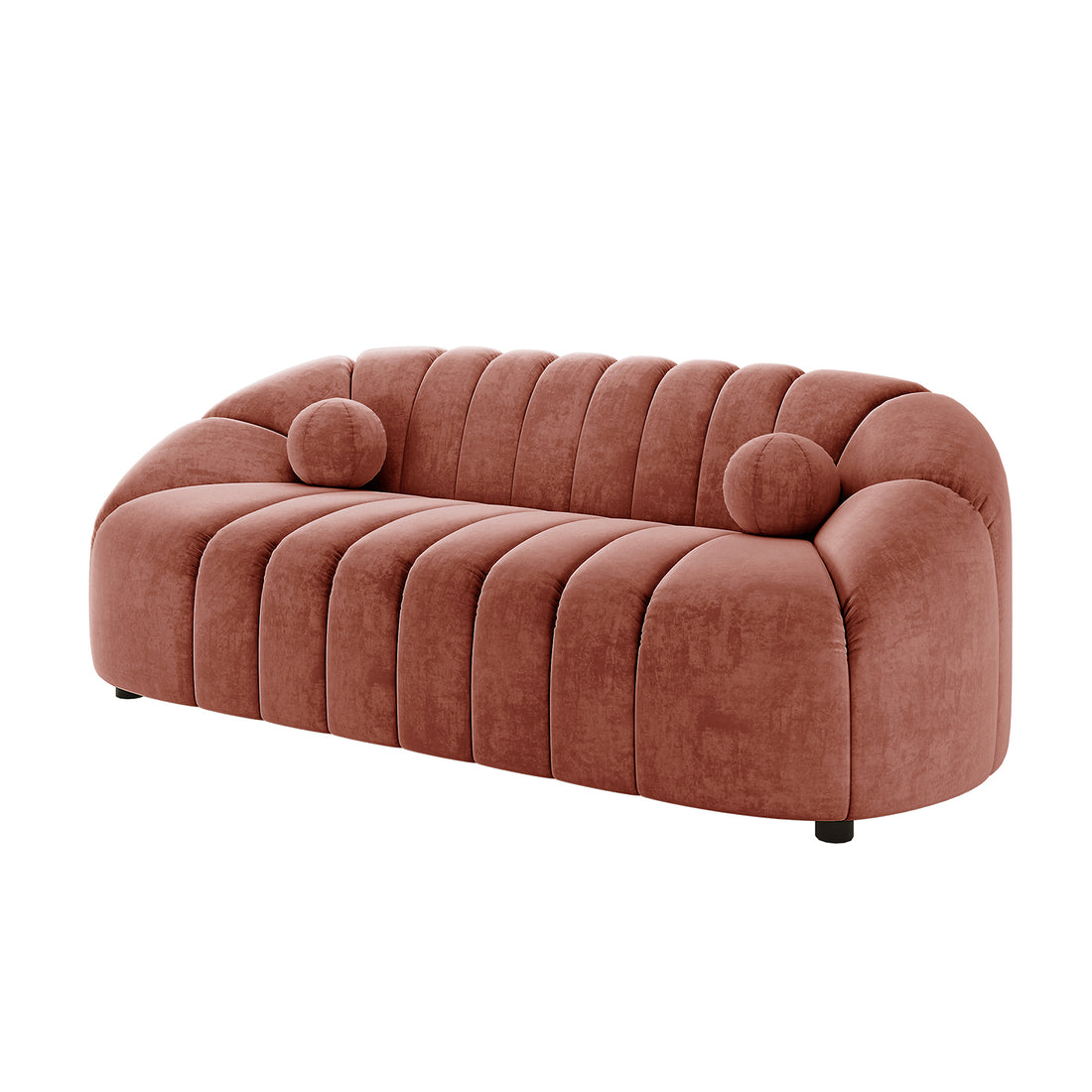 Trina 3-Seater Tufted Velvet Sofa in Blush, featuring channel-tufting on a curved back and seat with two round bolster pillows, set on black feet, showcasing elegant modern design.
