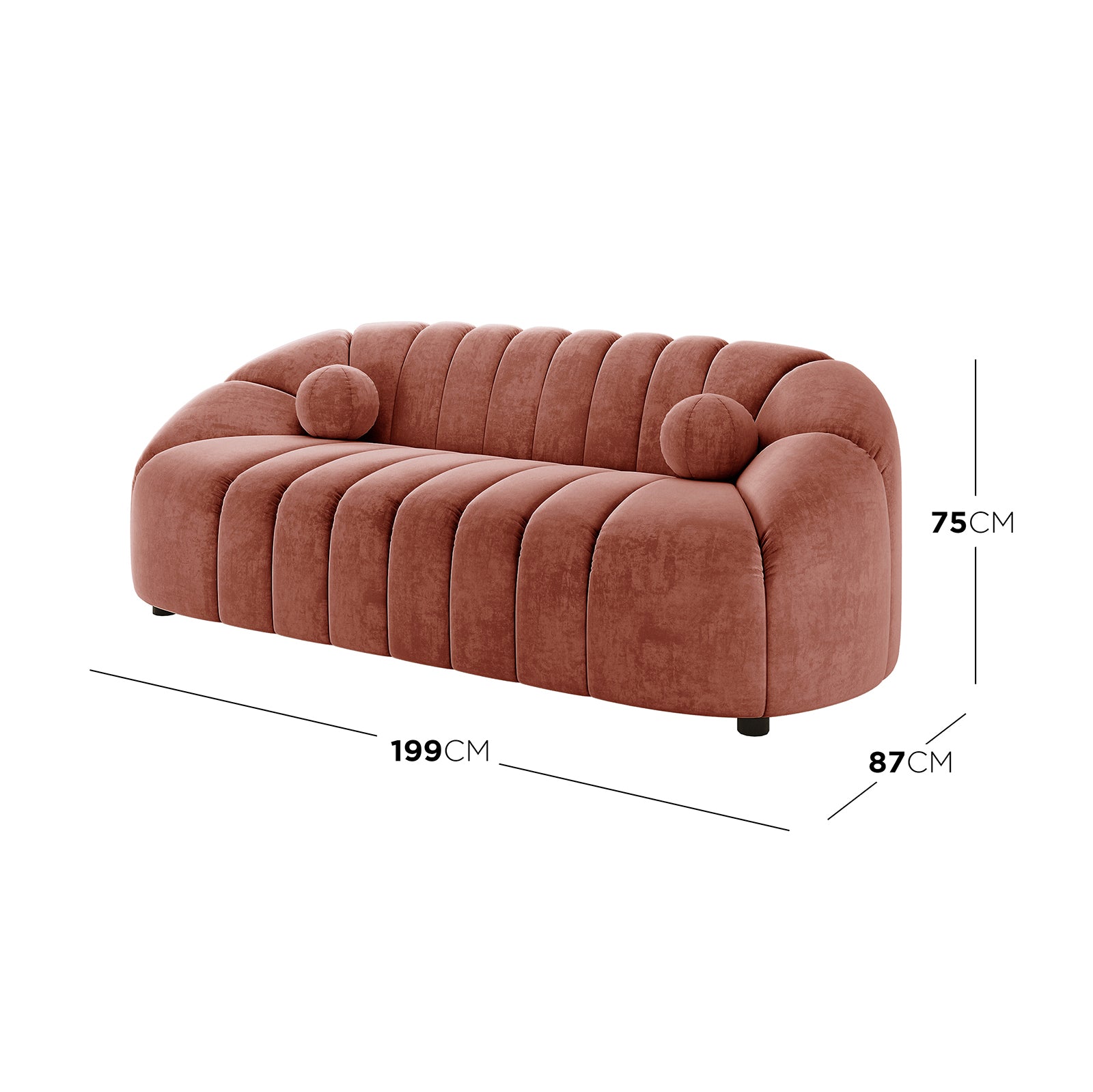 Trina 3 Seater Tufted Velvet Sofa in Blush, featuring dusty-rose velvet upholstery, channel-tufted cushions, and two bolster pillows, with dimensions: Width 199 cm, Depth 87 cm, Height 75 cm.