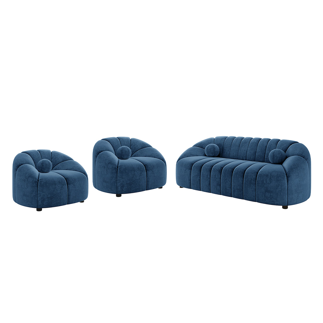 Trina Velvet 5-Seater Tufted Lounge Set features a stylish blue design with channel tufting, a curved silhouette, and included ball pillows, comprising a 3-seater sofa and two single accent chairs.