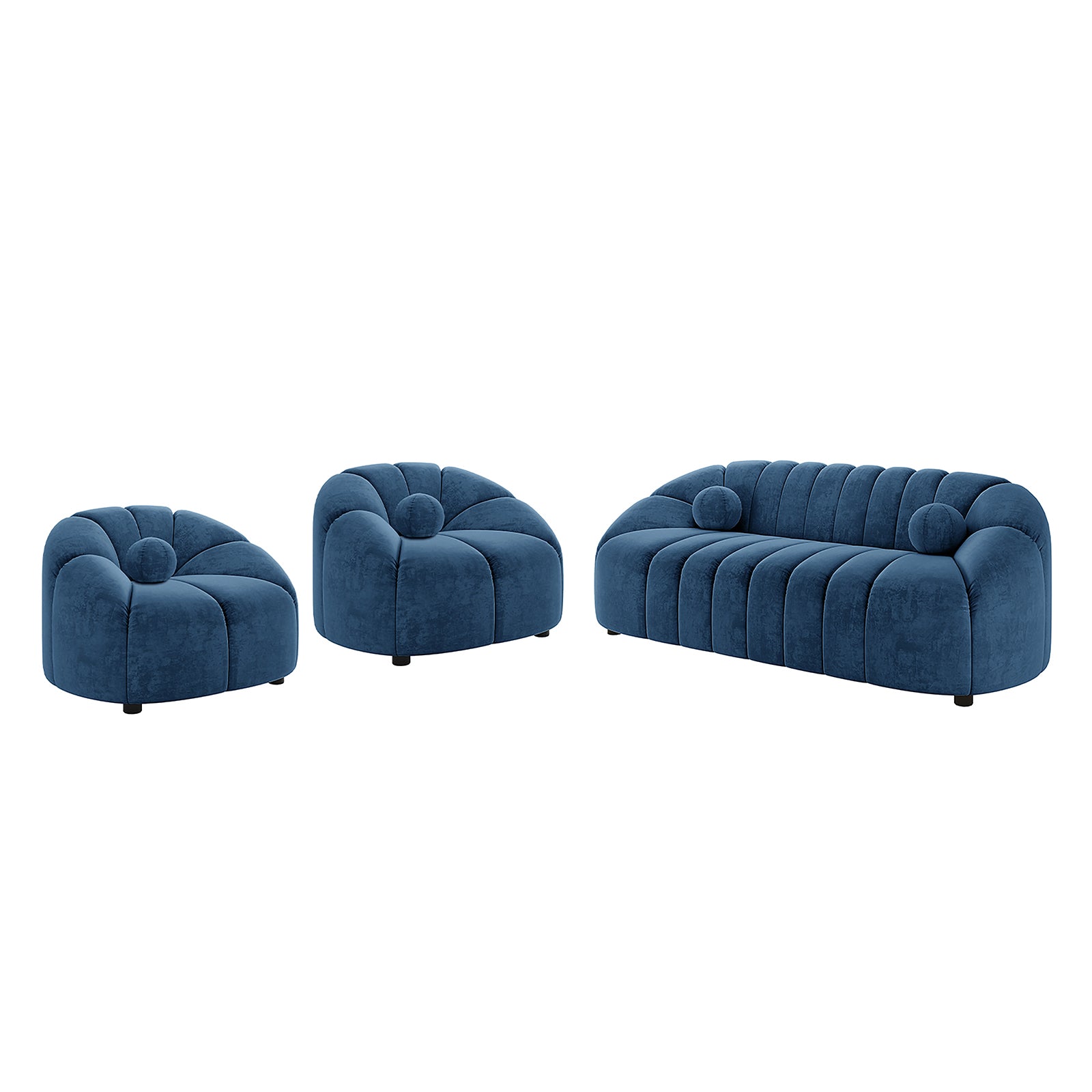 Trina Velvet 5-Seater Tufted Lounge Set features a stylish blue design with channel tufting, a curved silhouette, and included ball pillows, comprising a 3-seater sofa and two single accent chairs.