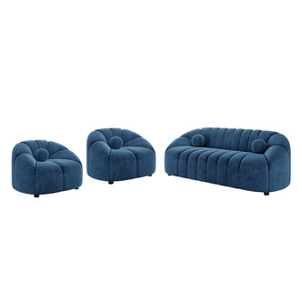 Trina Velvet 5-Seater Tufted Lounge Set features a stylish blue design with channel tufting, a curved silhouette, and included ball pillows, comprising a 3-seater sofa and two single accent chairs.