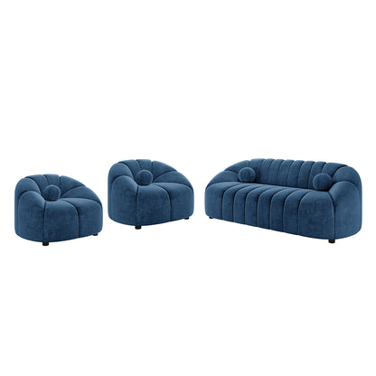 Trina Velvet 5-Seater Tufted Lounge Set features a stylish blue design with channel tufting, a curved silhouette, and included ball pillows, comprising a 3-seater sofa and two single accent chairs.