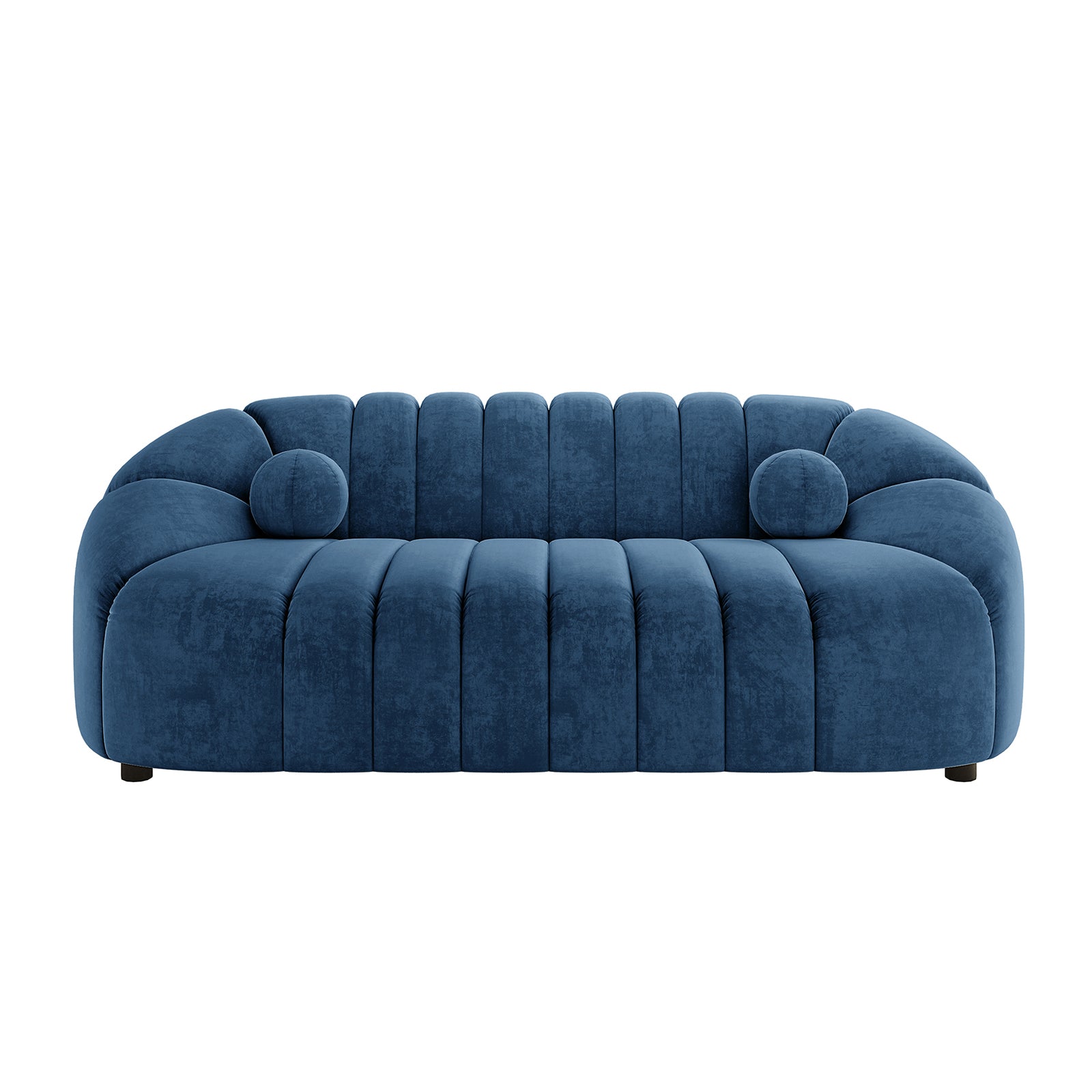 Trina Velvet 5-Seater Tufted Lounge Set - Blue, showcasing plush velvet upholstery with channel tufting and a curved design. Features include a 3-seater sofa and two single accent chairs for elegant comfort.