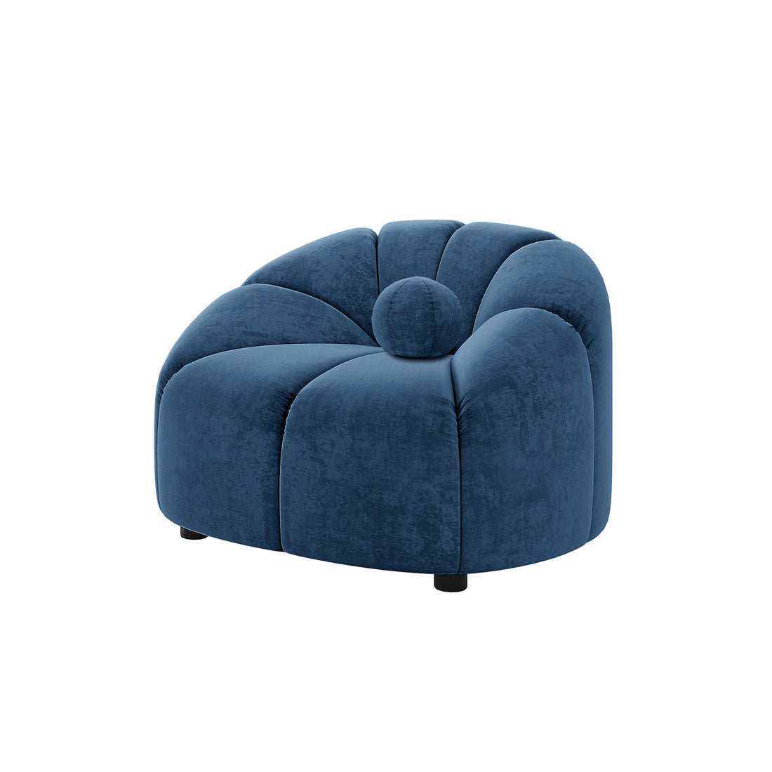 Trina Velvet 5-Seater Tufted Lounge Set features blue channel tufted upholstery with a curved silhouette. Includes a 3-seater sofa, two accent chairs, and five ball pillows for luxurious comfort.