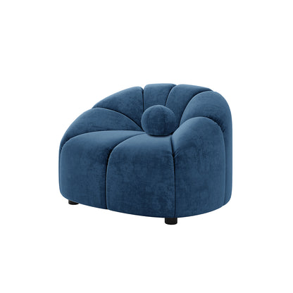 Trina Velvet 5-Seater Tufted Lounge Set features blue channel tufted upholstery with a curved silhouette. Includes a 3-seater sofa, two accent chairs, and five ball pillows for luxurious comfort.