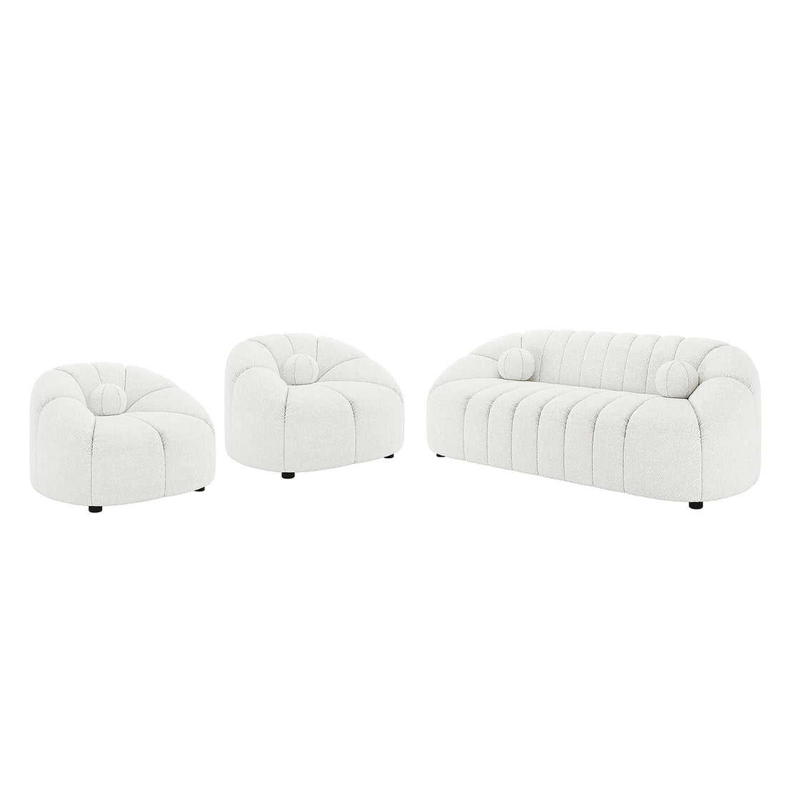 Trina 5 Seater Boucle Sofa Set with Pillows in Cream White, featuring two rounded lounge chairs and a three-seat sofa with channel-tufted detailing and curving silhouettes, upholstered in soft boucle fabric.