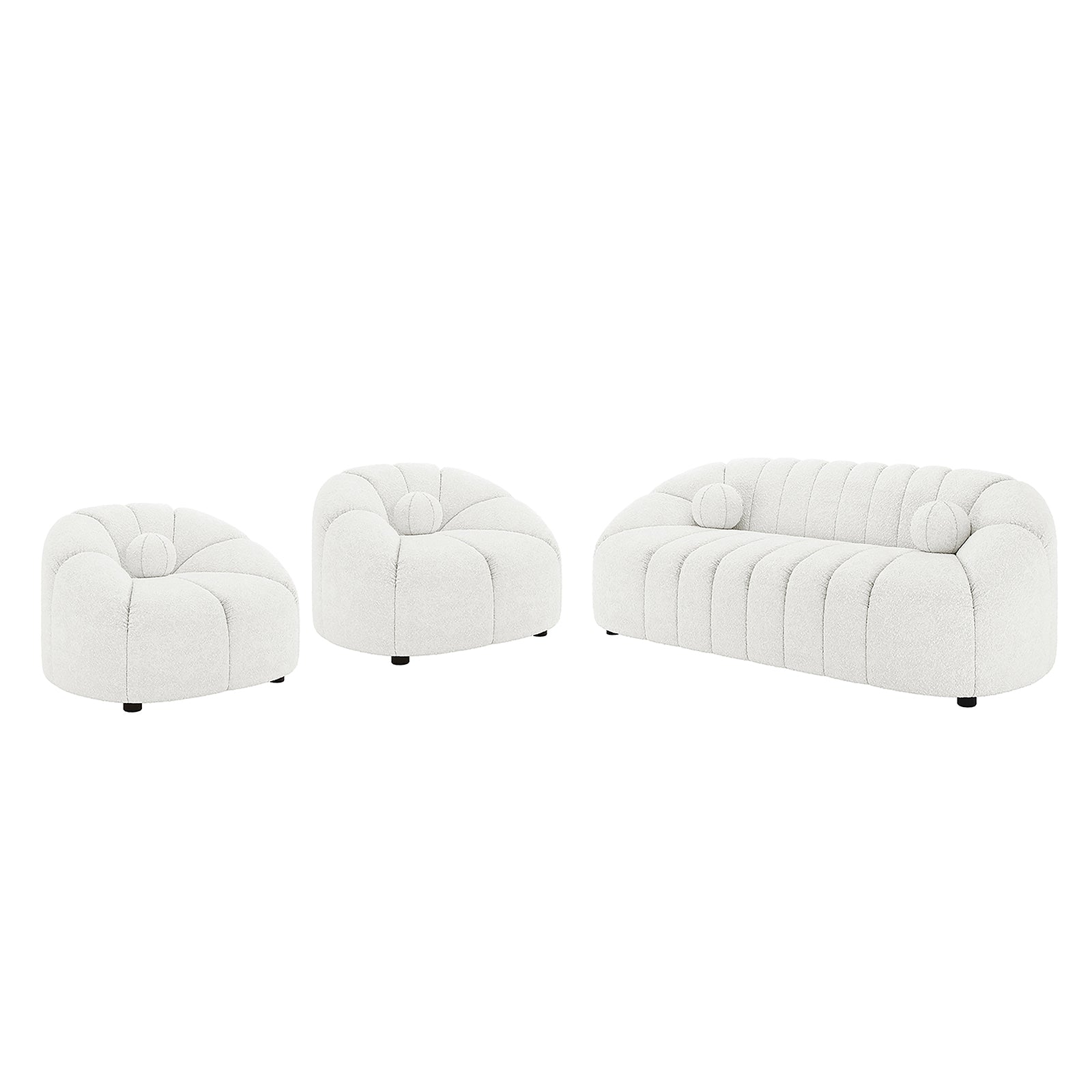 Trina 5 Seater Boucle Sofa Set with Pillows in Cream White, featuring two rounded lounge chairs and a three-seat sofa with channel-tufted detailing and curving silhouettes, upholstered in soft boucle fabric.