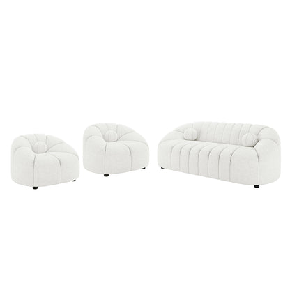 Trina 5 Seater Boucle Sofa Set with Pillows in Cream White, featuring two rounded lounge chairs and a three-seat sofa with channel-tufted detailing and curving silhouettes, upholstered in soft boucle fabric.