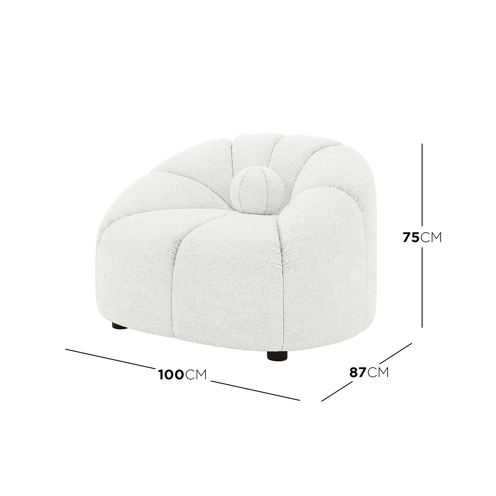Trina 5 Seater Boucle Sofa Set with Pillows in Cream White features a modern petal-tufted lounge chair with boucle fabric, sculptural silhouette, and ball pillows, offering chic and versatile seating.
