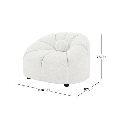 Trina 5 Seater Boucle Sofa Set with Pillows in Cream White features a modern petal-tufted lounge chair with boucle fabric, sculptural silhouette, and ball pillows, offering chic and versatile seating.