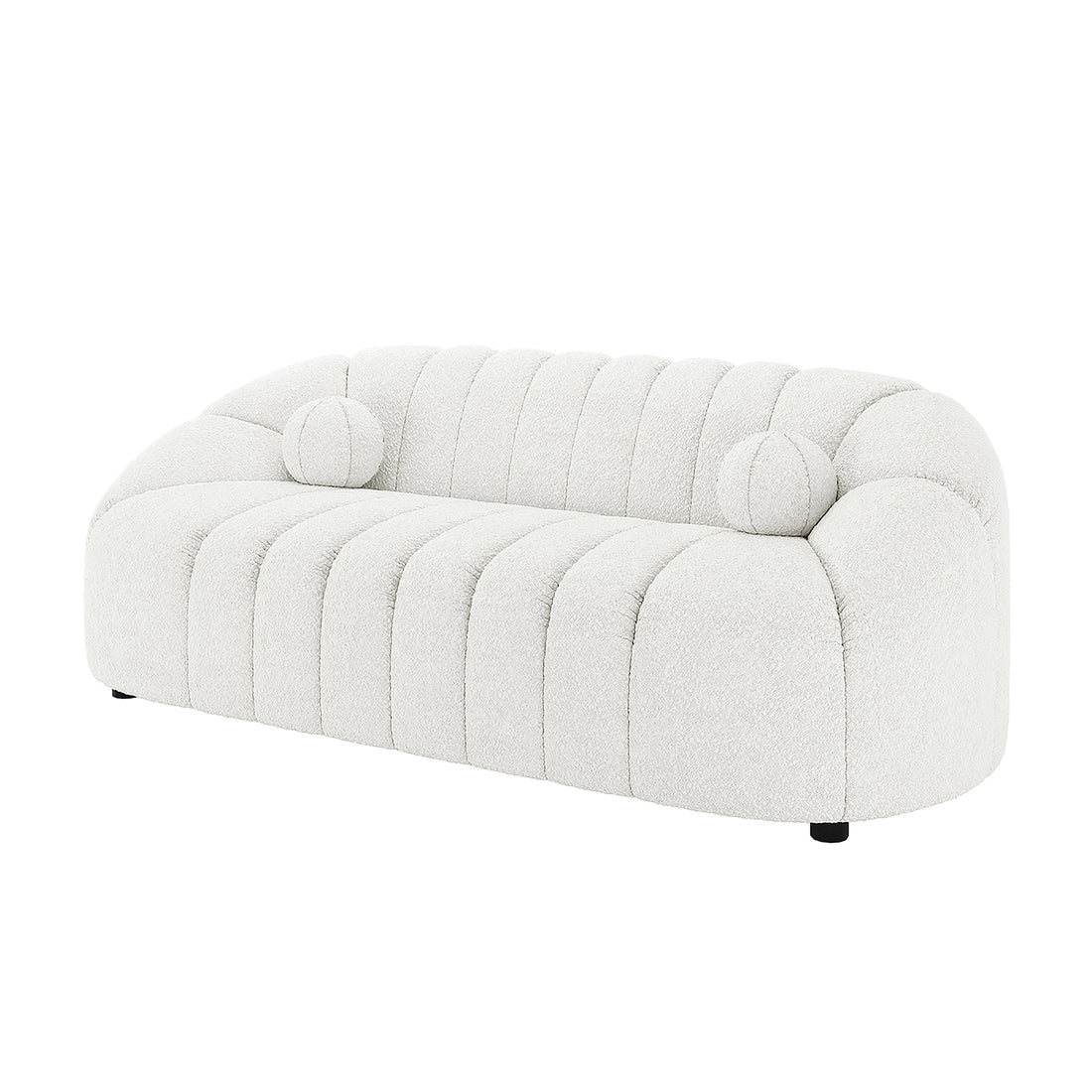 Trina 5 Seater Boucle Sofa Set with Pillows in Cream White features a modern low-profile design with curved back and arms, channel-tufted padding, and matching bolster pillows for luxurious comfort.