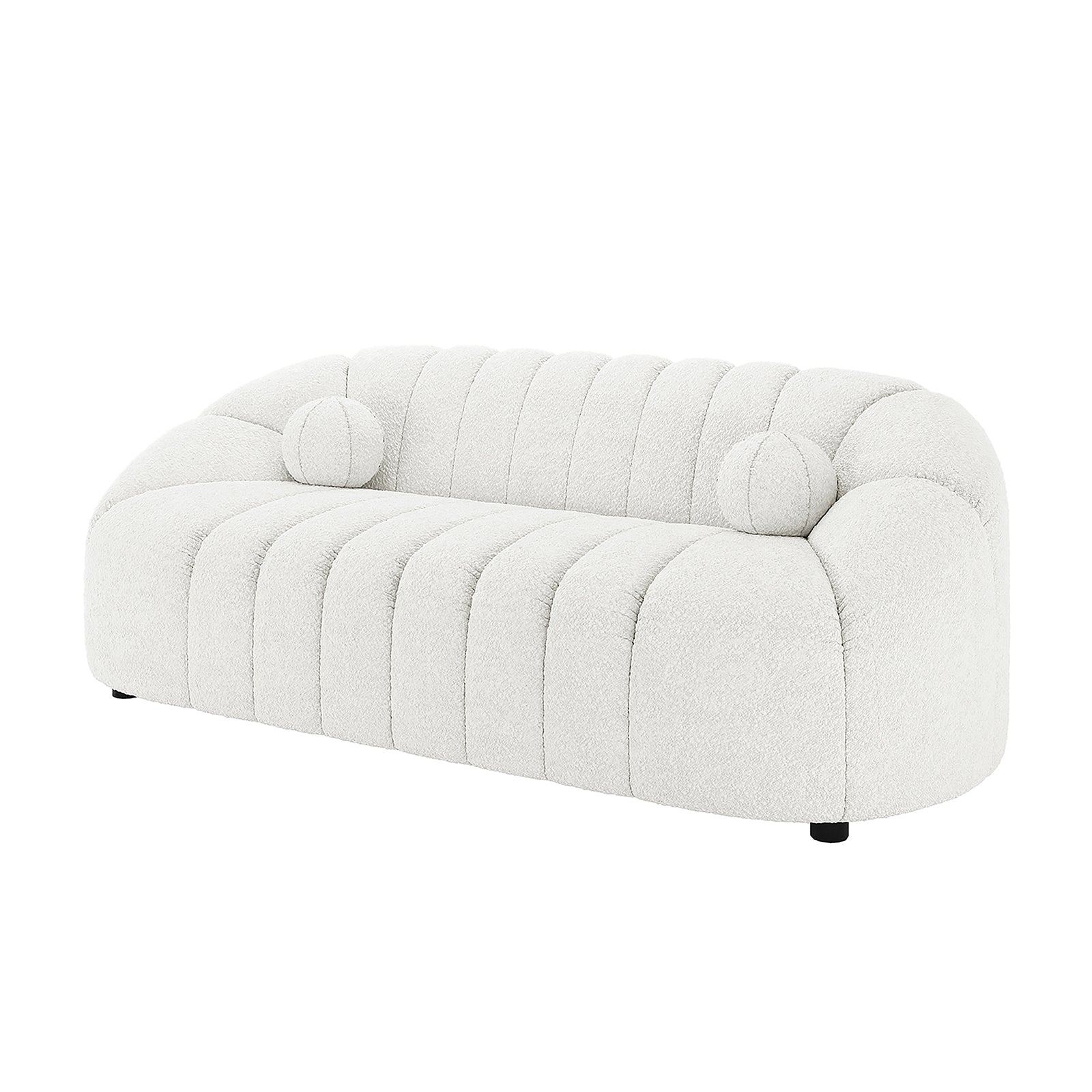 Trina 5 Seater Boucle Sofa Set with Pillows in Cream White features a modern low-profile design with curved back and arms, channel-tufted padding, and matching bolster pillows for luxurious comfort.