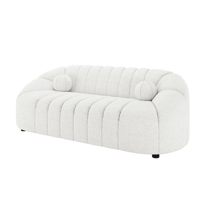 Trina 5 Seater Boucle Sofa Set with Pillows in Cream White features a modern low-profile design with curved back and arms, channel-tufted padding, and matching bolster pillows for luxurious comfort.