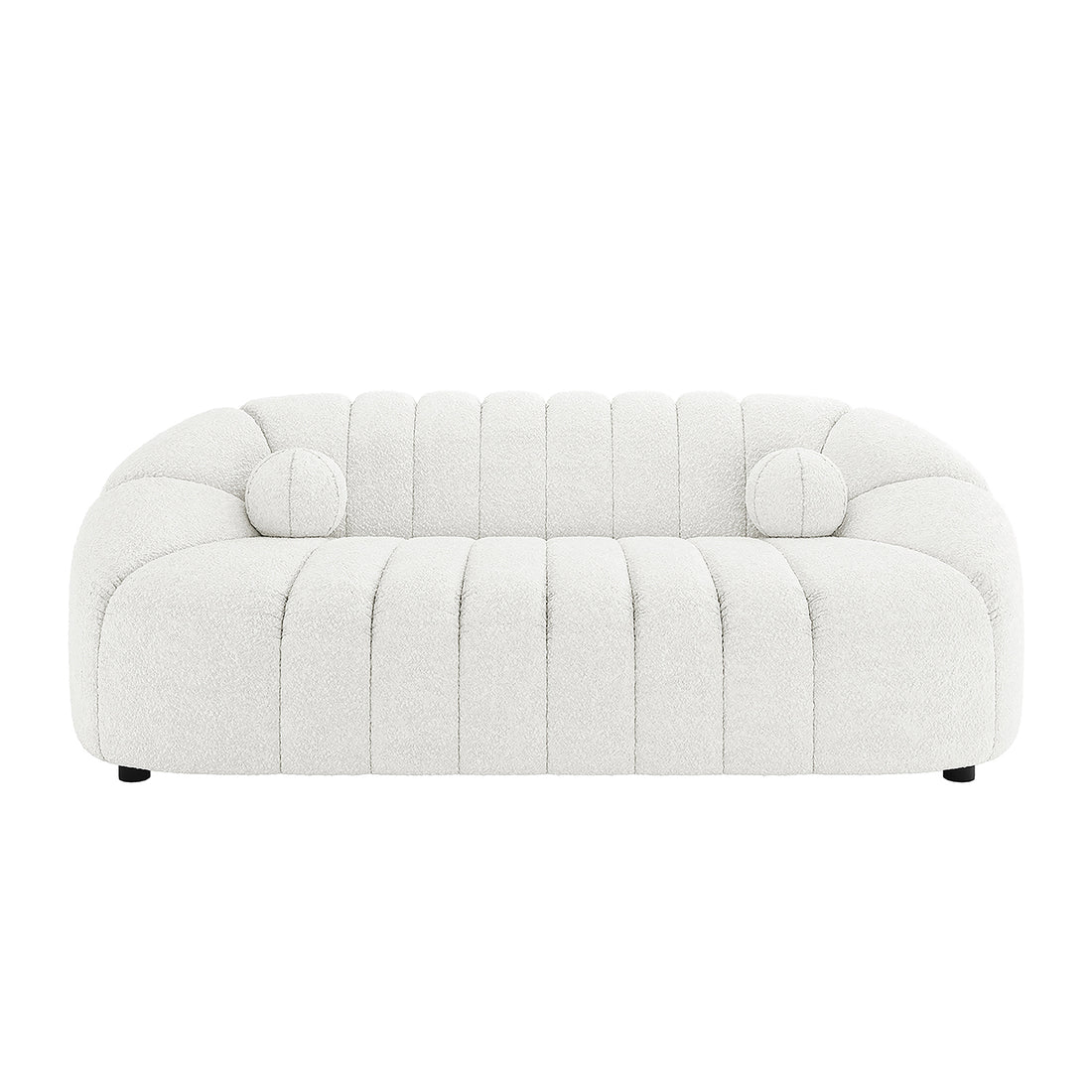 Trina 5 Seater Boucle Sofa Set with Pillows in Cream White features a modern, rounded design with channel-stitched cushions and two round bolster pillows, offering plush, stylish seating.