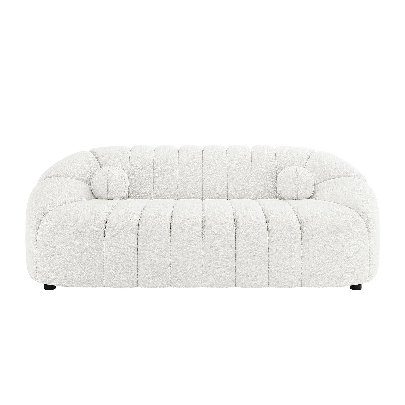 Trina 5 Seater Boucle Sofa Set with Pillows in Cream White features a modern, rounded design with channel-stitched cushions and two round bolster pillows, offering plush, stylish seating.