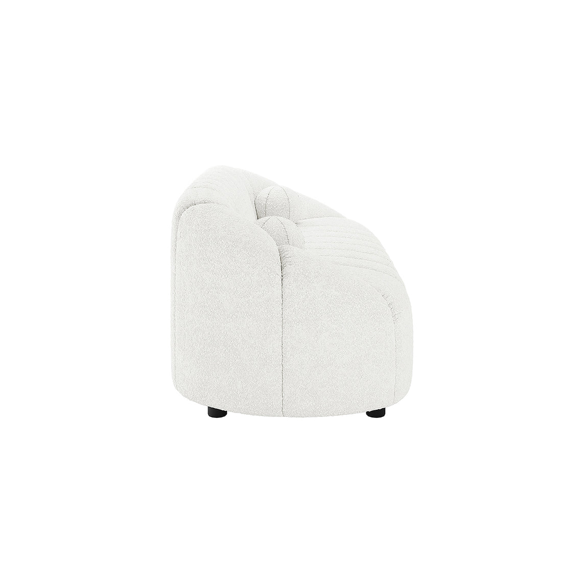Trina 5 Seater Boucle Sofa Set w/ Ball Pillows - Cream White features a plush sofa and armchairs with distinct black legs, complemented by round pillows for added comfort.
