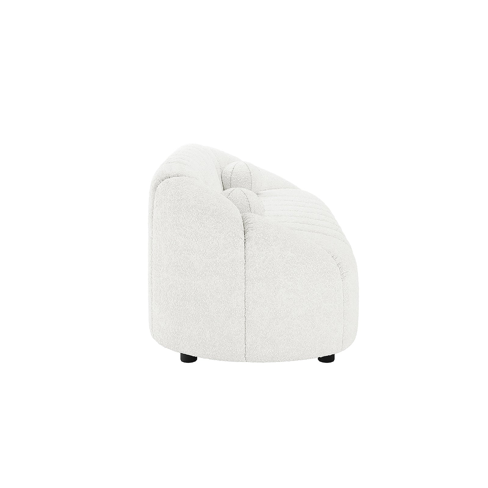 Trina 5 Seater Boucle Sofa Set w/ Ball Pillows - Cream White features a plush sofa and armchairs with distinct black legs, complemented by round pillows for added comfort.