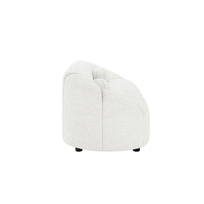 Trina 5 Seater Boucle Sofa Set w/ Ball Pillows - Cream White features a plush sofa and armchairs with distinct black legs, complemented by round pillows for added comfort.