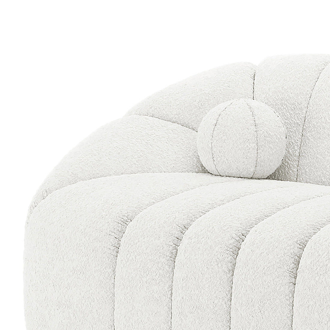 Trina 5 Seater Boucle Sofa Set with Pillows in Cream White features a close-up of its curved arm, upholstered in soft bouclé fabric, with a round bolster pillow against the channel-tufted back.